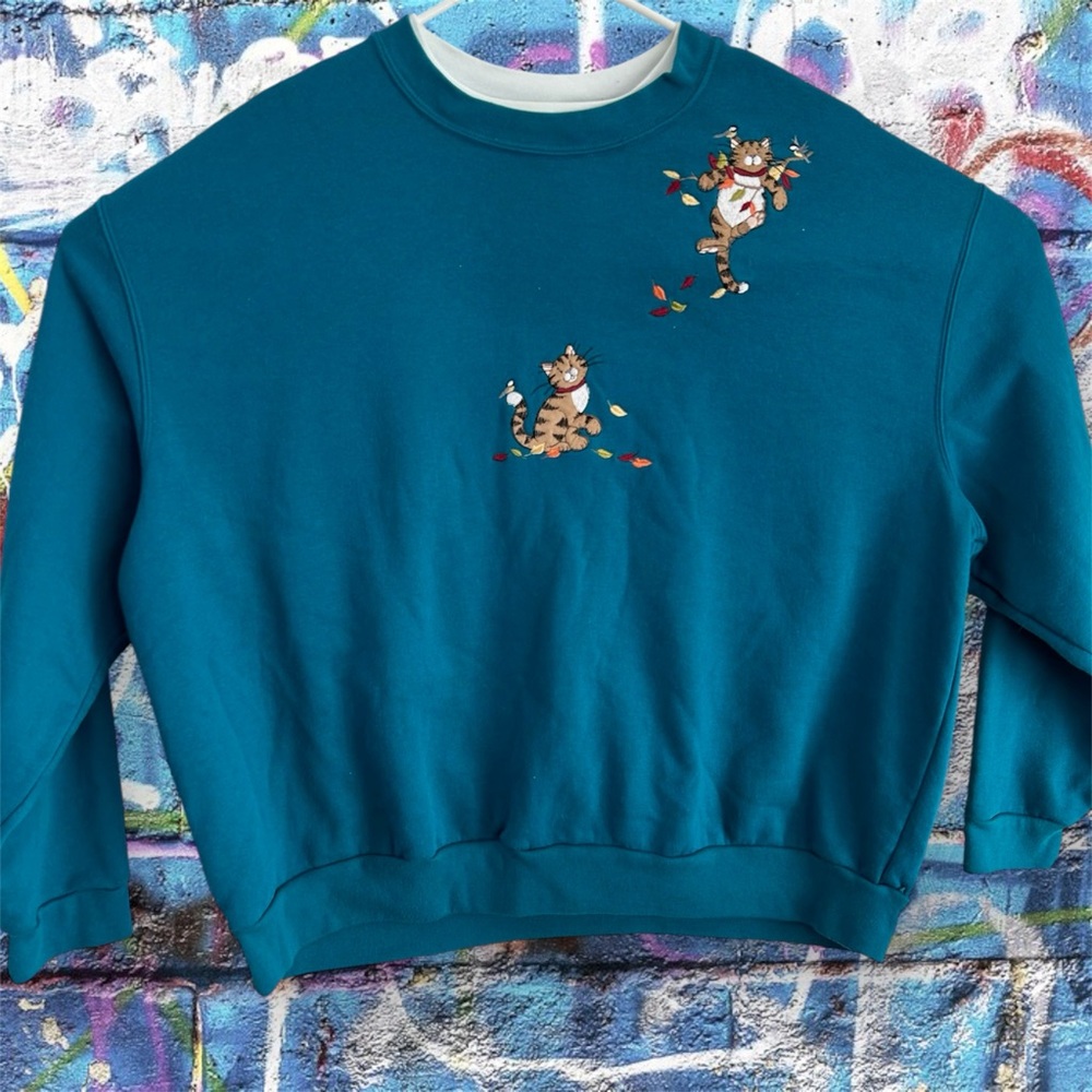 Vintage Y2K Cat Embroidered Patchwork Morning Sun Teal Double Collar Ove…